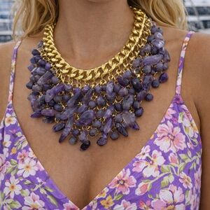 Statement Amythest Agate Chain Necklace - Gold Accents
